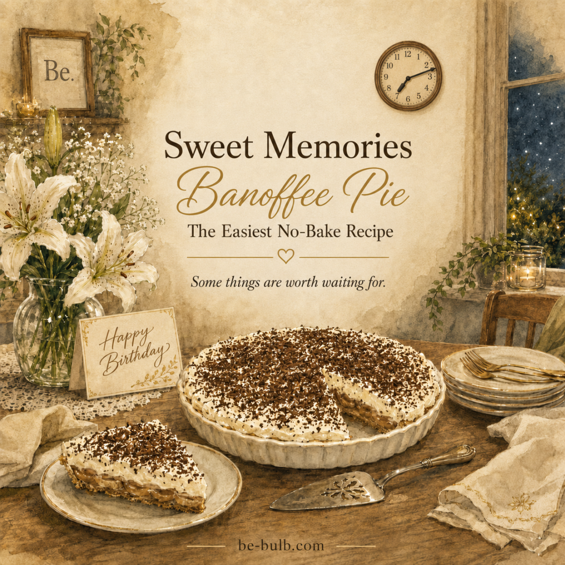 Watercolor illustration of a homemade banoffee pie on a birthday table with white stargazer lilies, baby’s breath, a Happy Birthday card and a framed Be. sign.