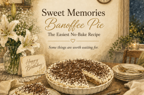 Watercolor illustration of a homemade banoffee pie on a birthday table with white stargazer lilies, baby’s breath, a Happy Birthday card and a framed Be. sign.