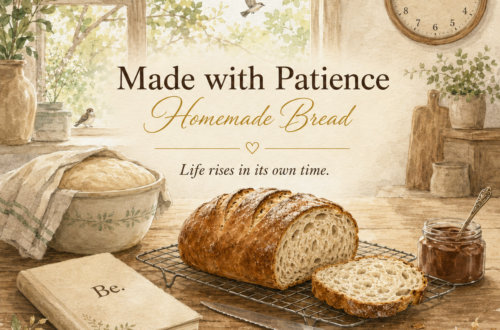 Watercolor illustration of homemade bread cooling beside risen dough, a Be. journal and chocolate spread in a peaceful sunlit kitchen.