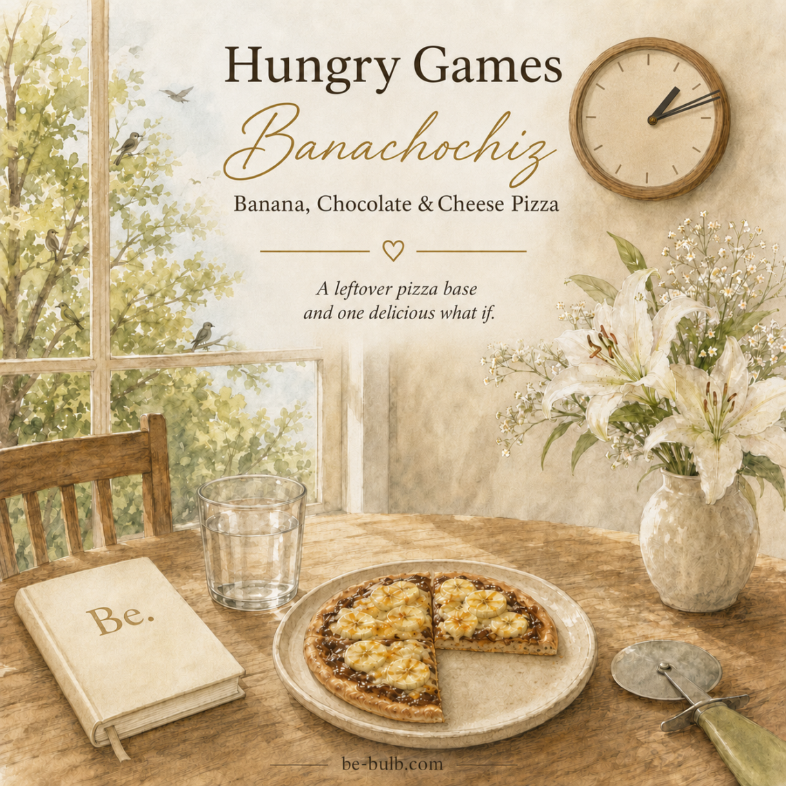 Watercolor illustration of a small banana, chocolate and cheese Banachochiz pizza on a dining table beside a Be. journal, water glass and white lilies.