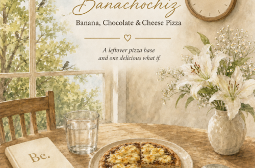 Watercolor illustration of a small banana, chocolate and cheese Banachochiz pizza on a dining table beside a Be. journal, water glass and white lilies.