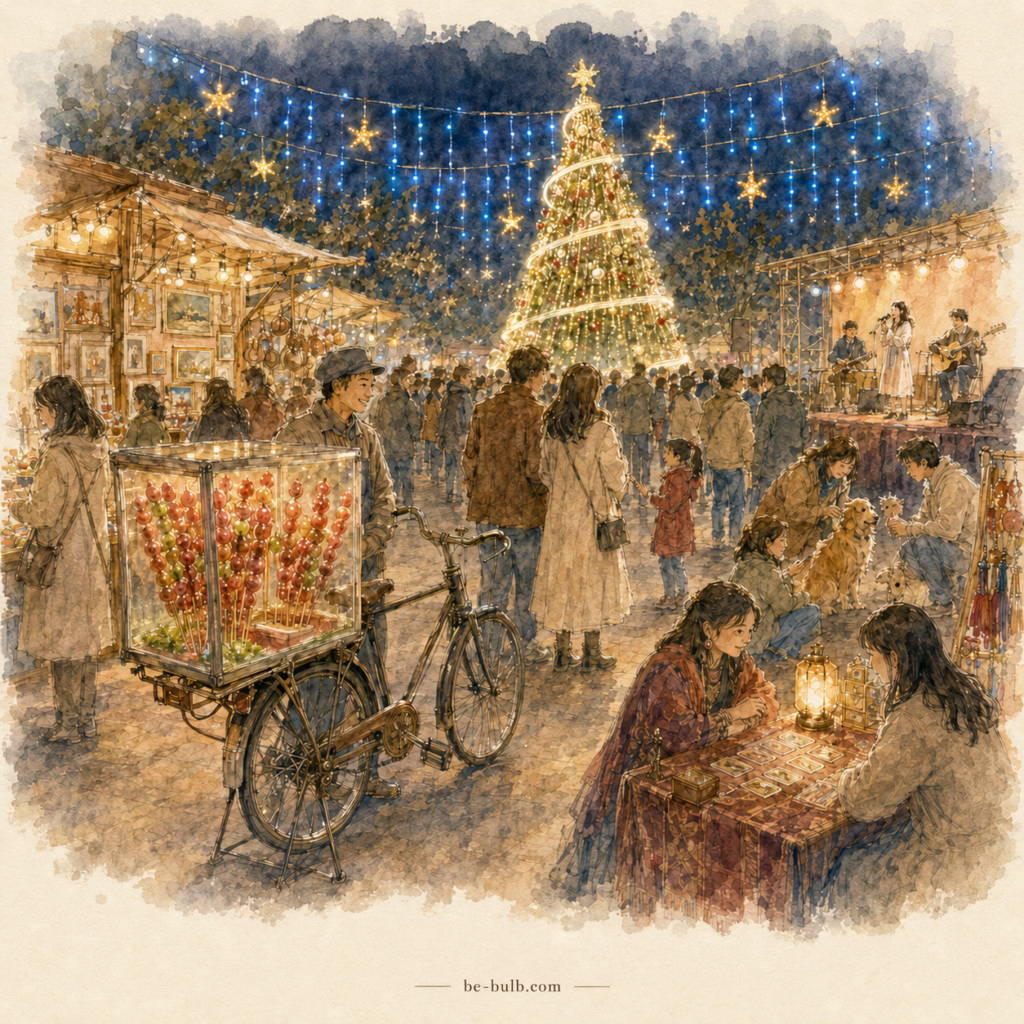 Watercolor illustration of a crowded Haikou Christmas night market with a glowing tree, live band, craft stalls, dogs, fortune teller and candied-fruit bicycle.