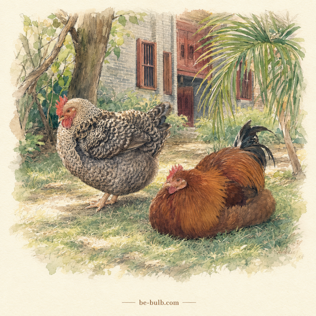 Watercolor illustration of two unusually plump chickens resting in the tropical garden of Cai Family Residence in Qionghai.