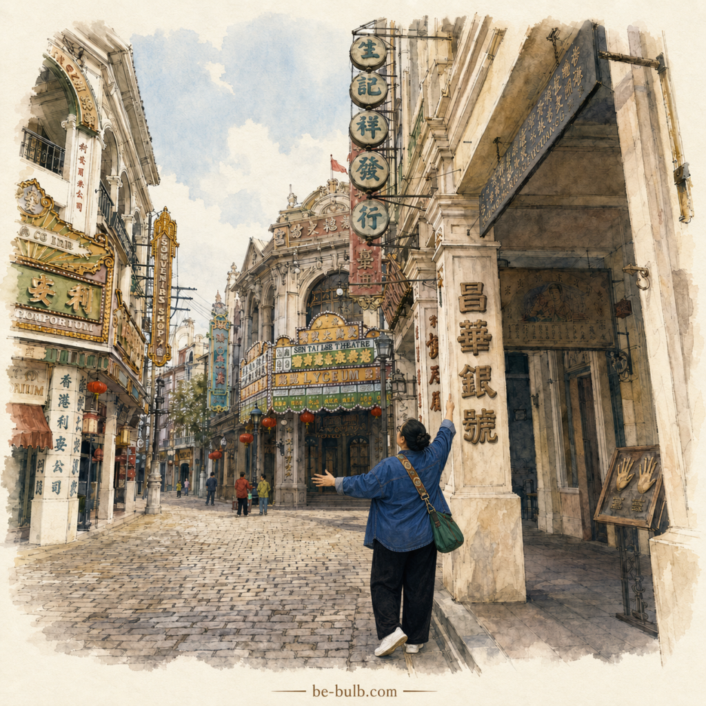 Watercolor illustration of Lia seen from behind, joyfully pointing at period shop signs on a cobbled street in Haikou Movie Town.