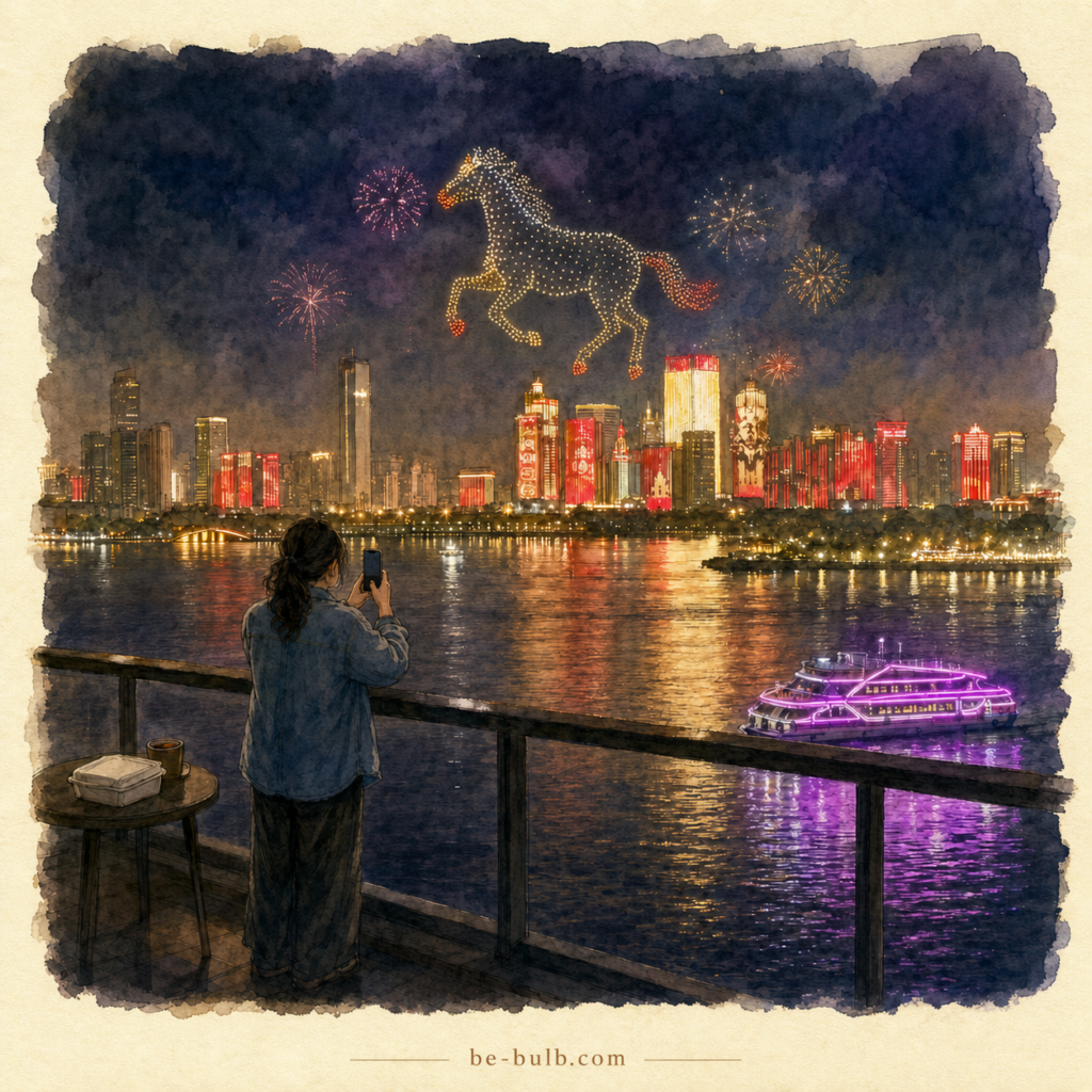Watercolor illustration of Lia photographing a four-legged horse drone display from a balcony above Haikou Bay, with fireworks and a purple-lit boat.