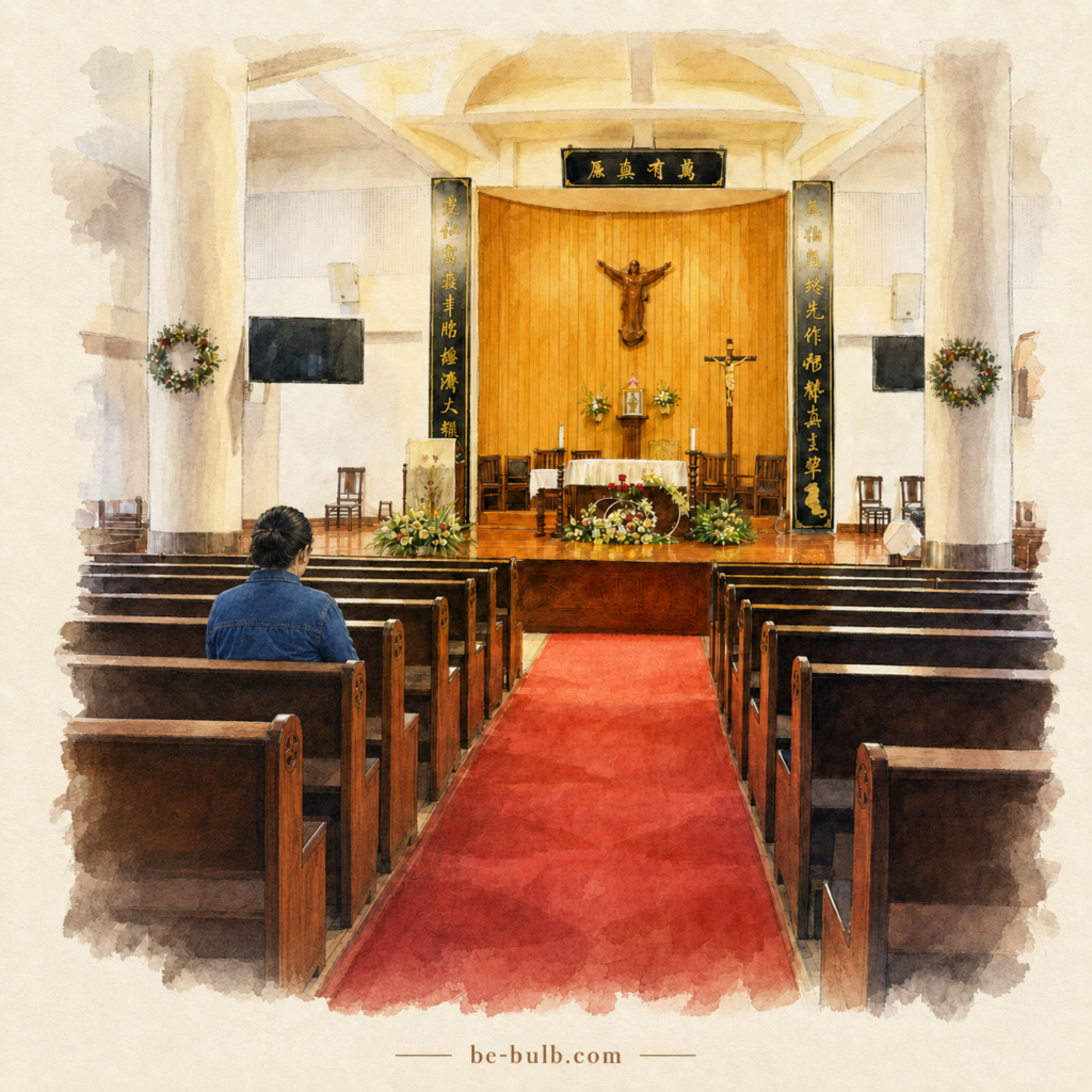 Watercolor illustration of Lia sitting alone in a wooden church pew, facing the altar across a long red aisle on New Year’s Day.