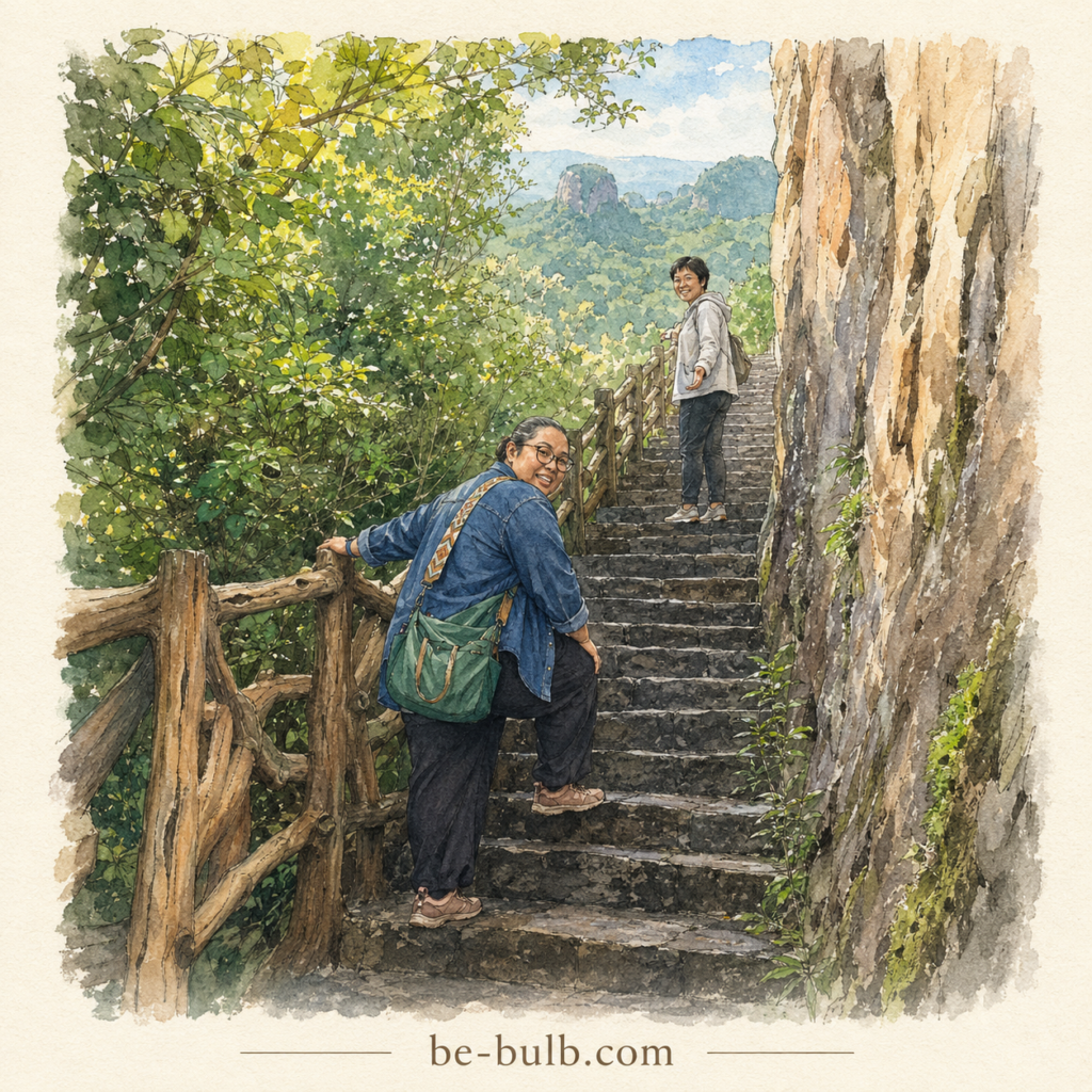 Watercolor illustration of Lia climbing steep stone stairs at Baishiling while her guide waits above, with green mountain scenery beyond.