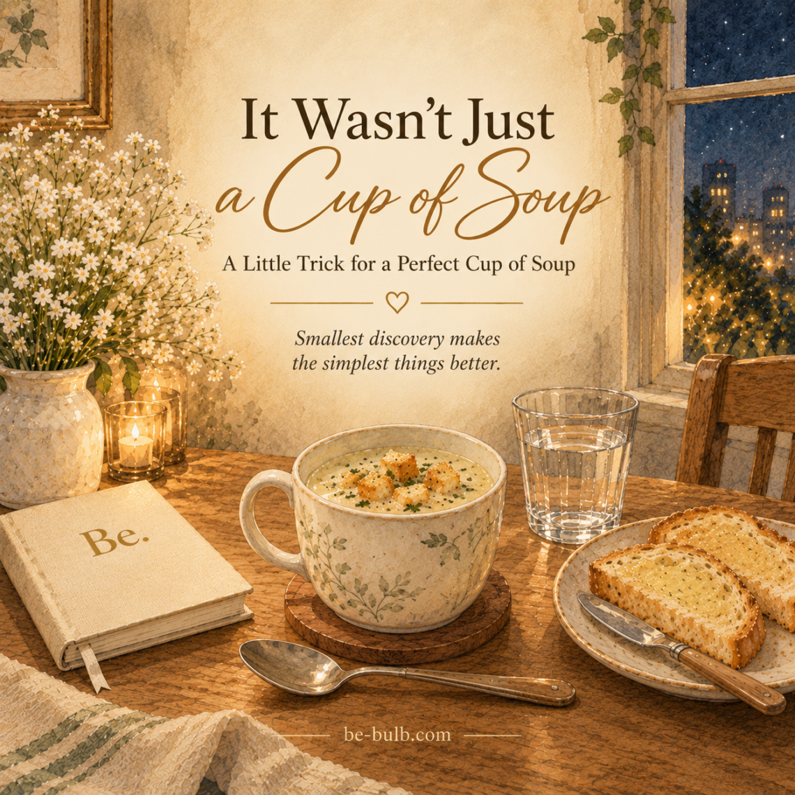 A cozy cup of creamy chicken soup topped with croutons sits on a wooden table beside buttered toast, a glass of water and a Be. journal. Baby's breath flowers decorate the table by a window overlooking the city at night.